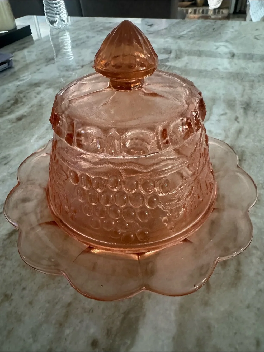 Pink Pressed Glass Covered Butter Dish with Scalloped Base